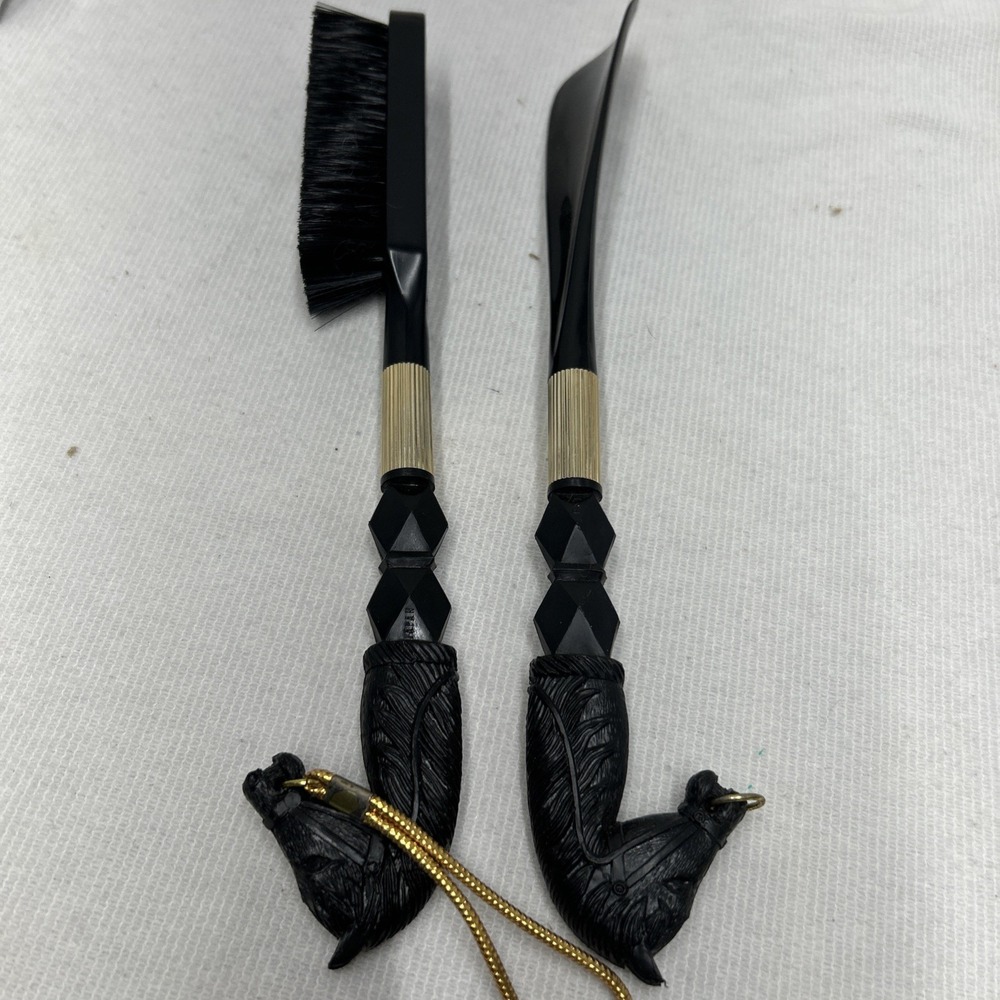 Decorative Gold Black Horse Head Handle Shoe Horn & Brush Set Elegant Accessory